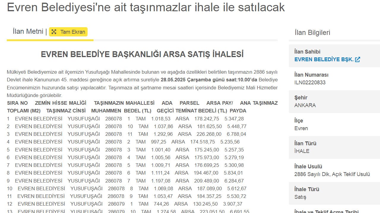 Evren Belediyesi’nden uygun fiyata arsa satışı