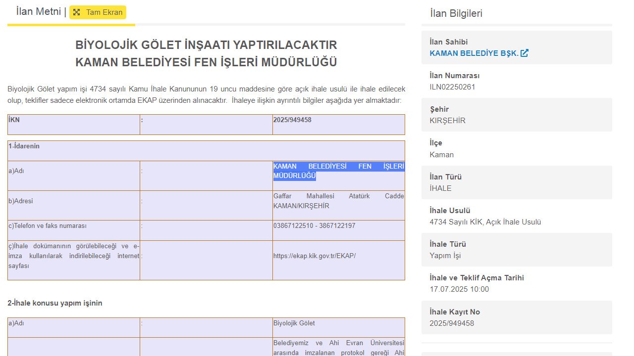 Kaman Belediyesi’nden Kırşehir’e dev hizmet: 17 Temmuz’da ihalesi yapılacak